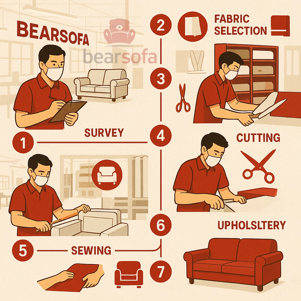 Quy trình bọc ghế sofa phường Chợ Quán 7 bước chuyên nghiệp tại BearSofa, từ khảo sát đến giao hàng.