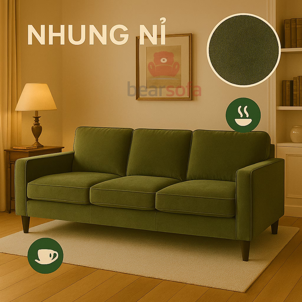 Nhung nỉ bọc ghế sofa phường Chợ Quán mang sự mềm mại ấm cúng truyền thống, phù hợp mùa mưa từ BearSofa.