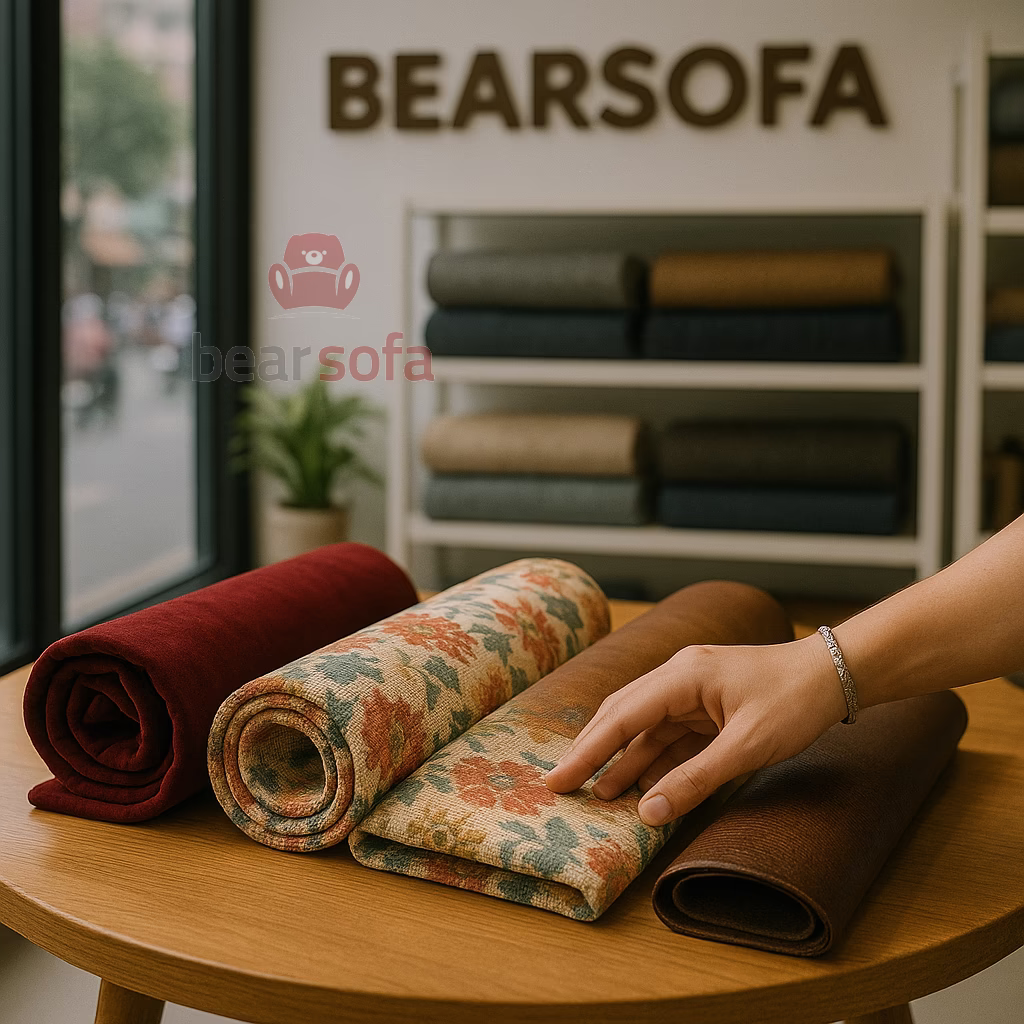Dịch Vụ Bọc Ghế Sofa Phường Tân Định, Quận 1 – BearSofa 15 Chất liệu nhung, vải bố hoa văn, và da nâu tại xưởng bọc sofa BearSofa – nội thất phường Tân Định