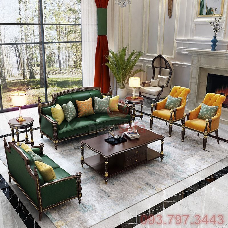 Mẫu 4 - Mẫu ghế sofa cổ điển khung gỗ chạm cao cấp được bọc da màu xanh đi kèm với 2 ghế đơn màu cam tương phản