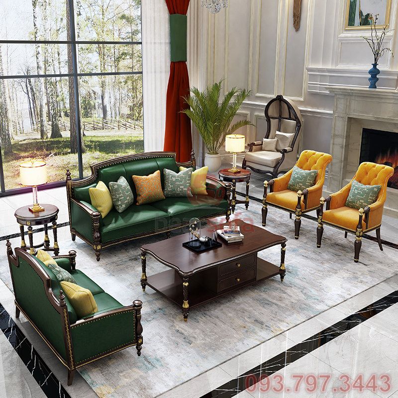 Mẫu 2 - Mẫu ghế sofa cổ điển khung gỗ chạm cao cấp được bọc da màu xanh đi kèm với 2 ghế đơn màu cam tương phản
