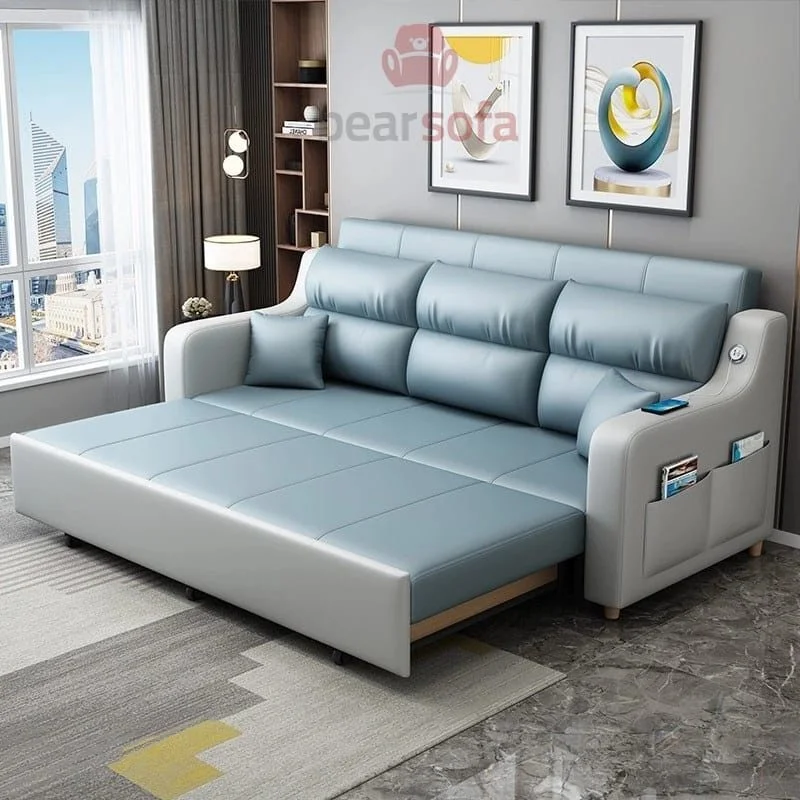 Sofa kết hợp giường bọc simili hoặc da với ưu điểm chống thấm nước, phù hợp cho những gia đình có con nhỏ