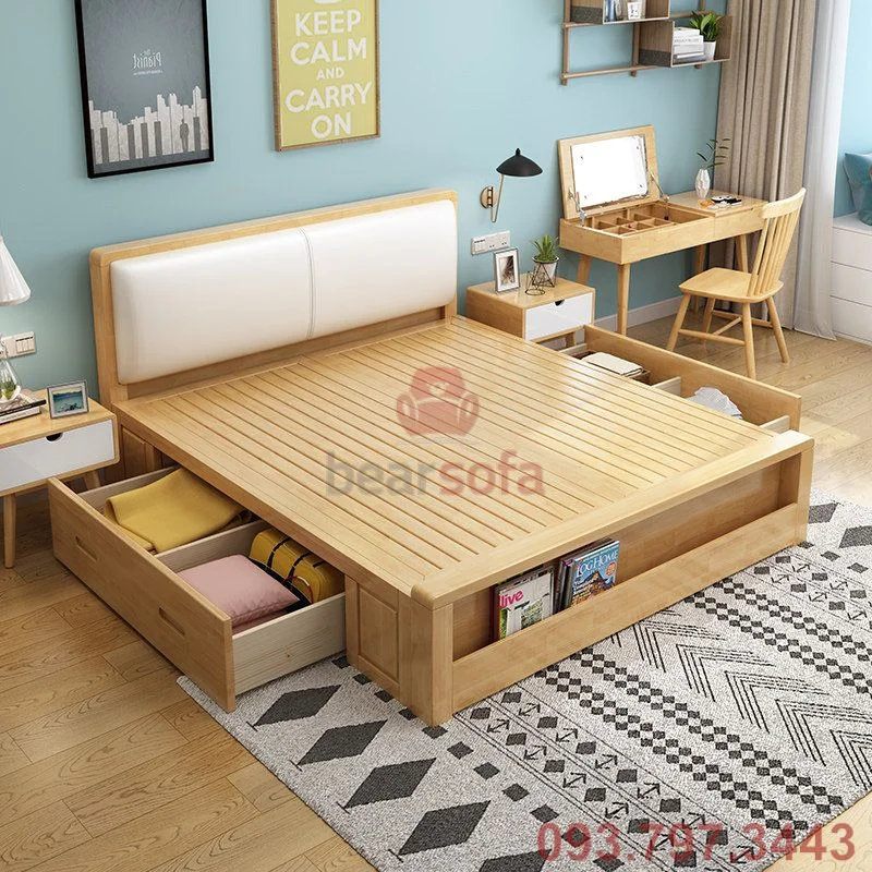 Mẫu giường gỗ kết hợp nệm đầu giường đẹp - Mẫu 3 - Ảnh 1